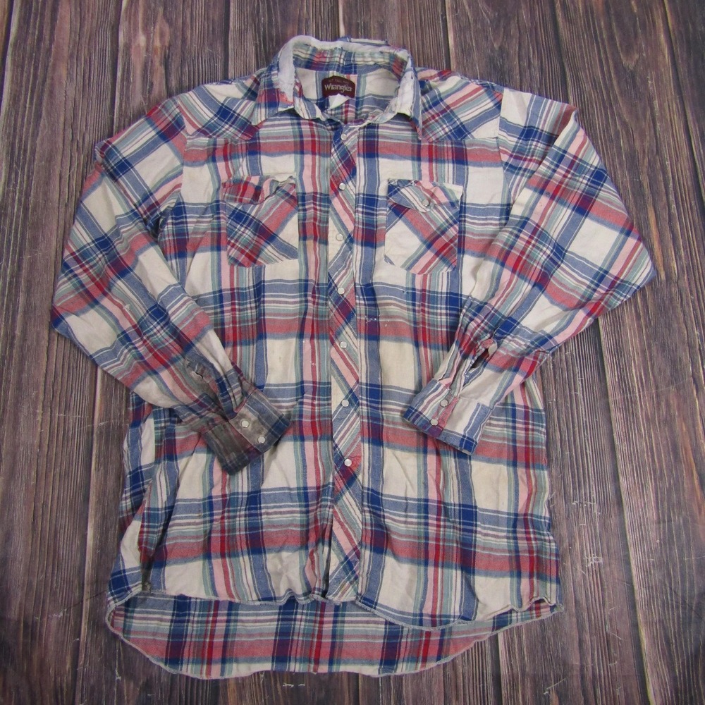 Wrangler Shirt Mens XLT Tall Red Blue White Plaid Western Pearl Snap Long Sleeve